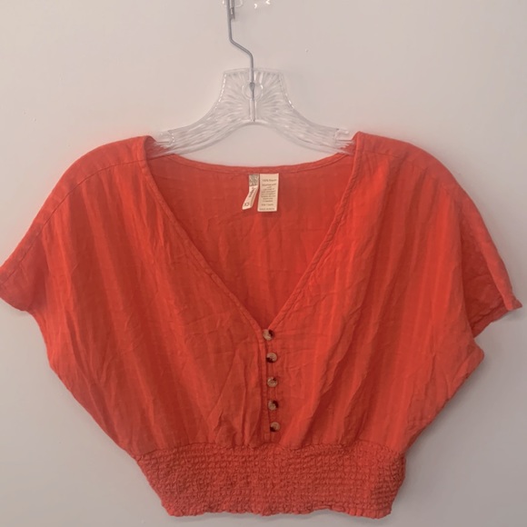 Japna Tops - Japna Top XS Orange Crop Smocked Button Front Shirt V Neck Blouse